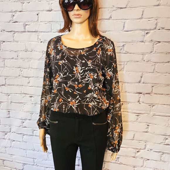 RW&Co. floral print cropped balloon sleeve sheer blouse - Picture 7 of 14